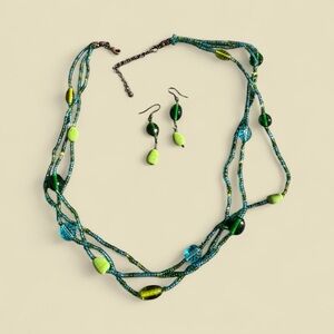 Bright and happy Green and Blue Beaded Necklace and earrings Set